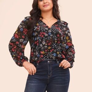 Chiffon Floral Tie Knot Ruffle Trim Blouse 
Washed never used